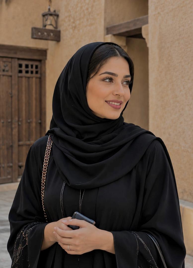 Woman in elegant traditional abaya and hijab